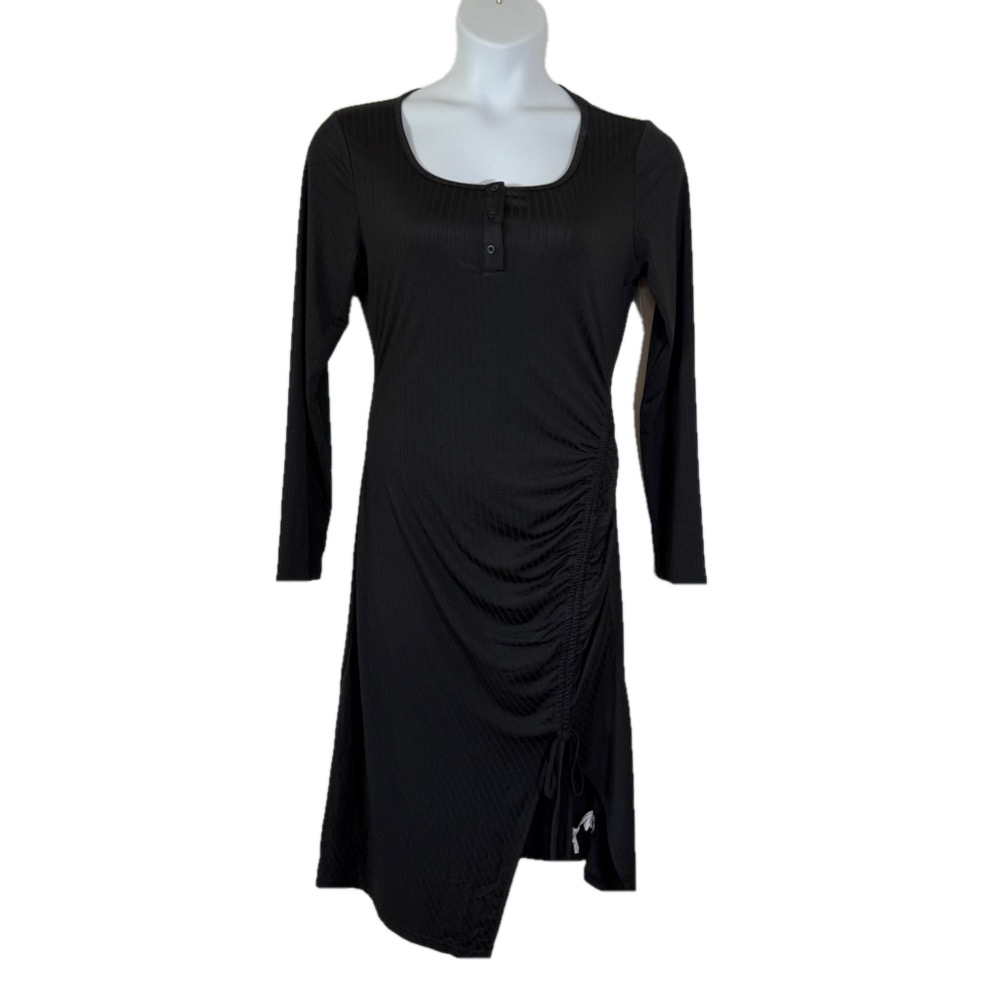 Cupshe Black Ribbed Ruched Long Sleeve Sheath Midi Dress SKU0119